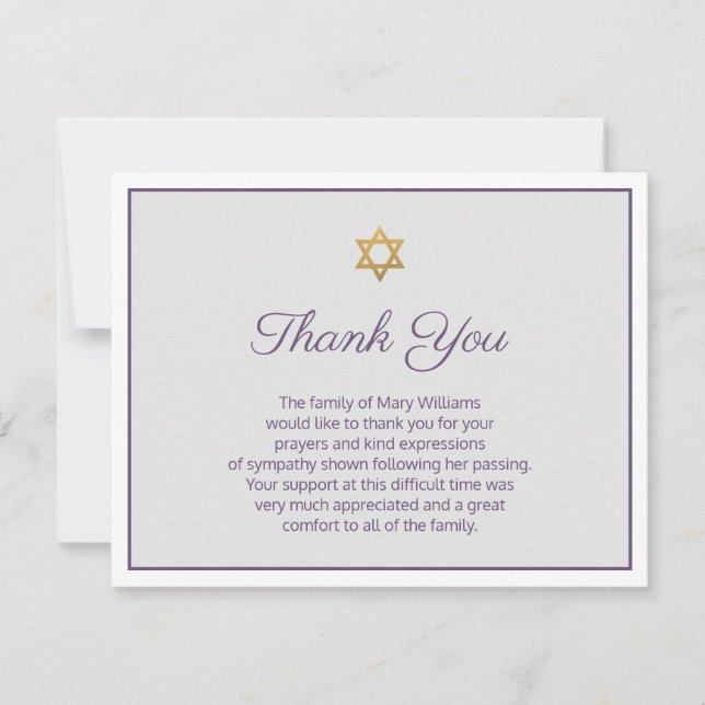 Star of David Purple and Greenery Funeral  Thank You Card (Front)