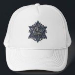 Star of David Silver Trucker Hat<br><div class="desc">Elegant Star of David with traditional blue and white hexagram symbol complimented with an ornate baroque flourish of silver background. Art of Margaret Loftin Whiting.</div>