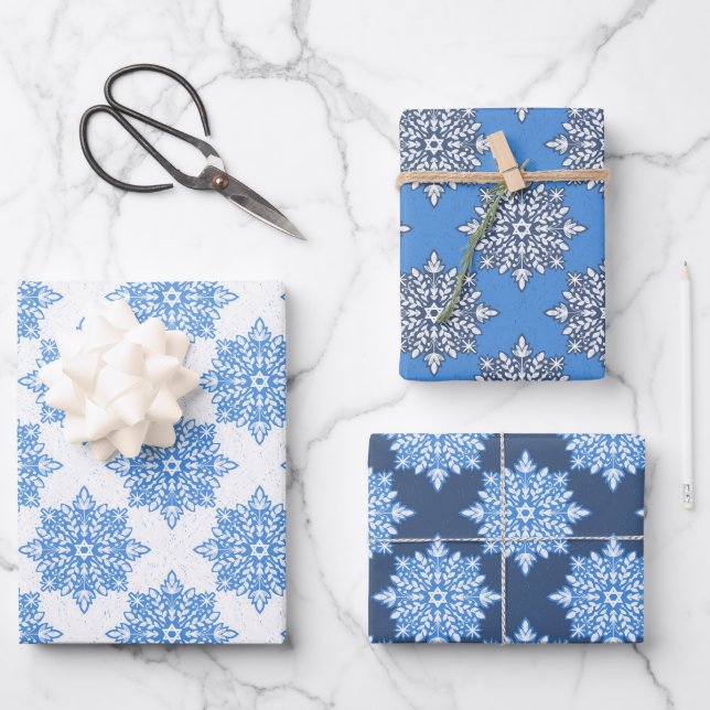 Star of David Snowflakes Hanukkah Set Wrapping Paper Sheet (Front)