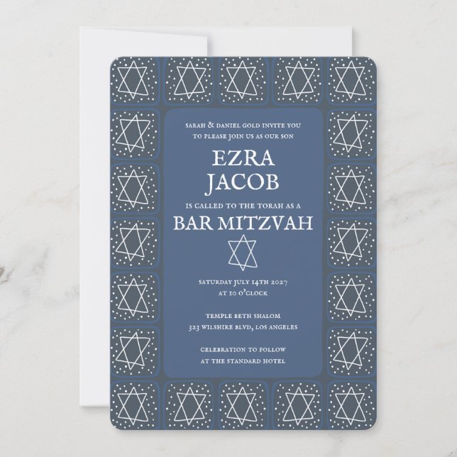 Star of David Tiles Custom Bar Mitzvah B'nai Bat Invitation (Front)