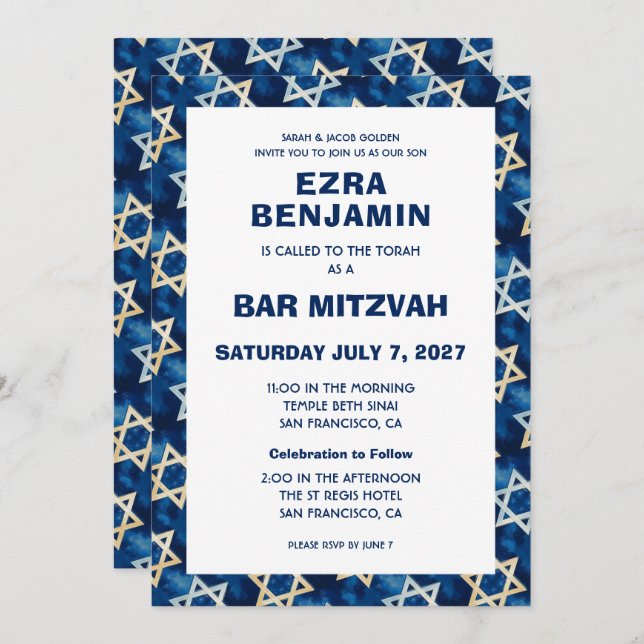 Star of David Watercolor Custom Bar Bat Mitzvah Invitation (Front/Back)