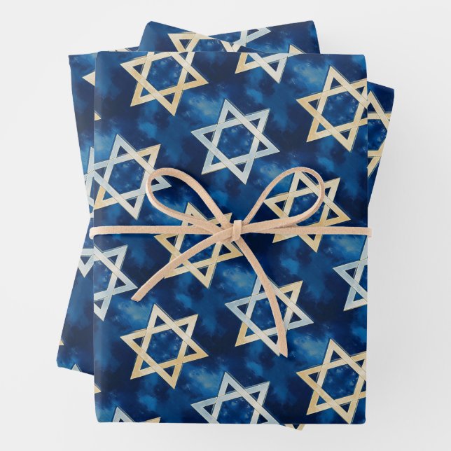 Star of David Watercolor Hanukkah  Wrapping Paper Sheet (In situ)