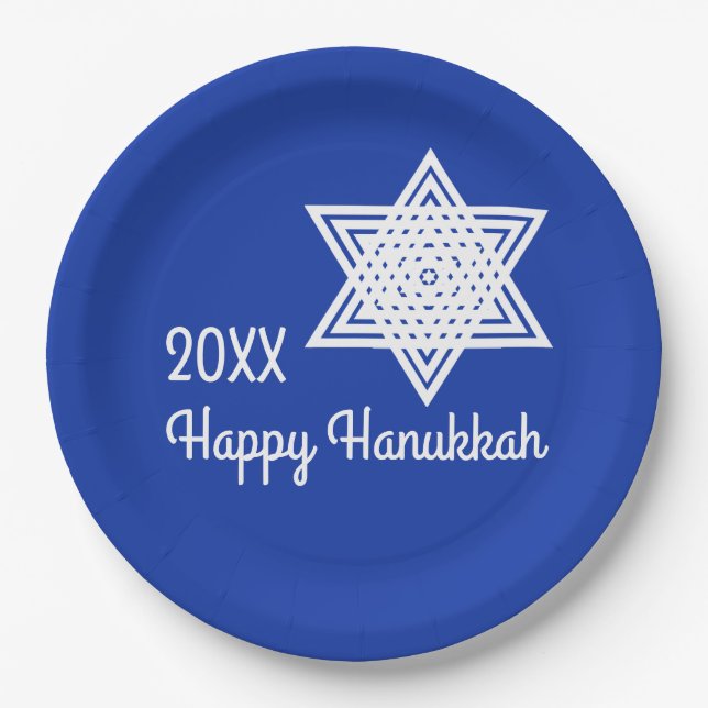 Star of David White on Blue Background Hanukkah Pa Paper Plate (Front)
