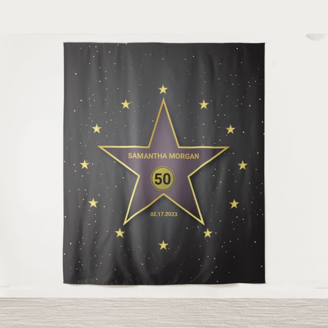 Star of Fame Birthday Backdrop Banner Gold Balck Tapestry (Front)