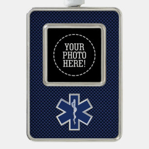 Star of Life Paramedic Carbon Fiber Style Silver Plated Framed Ornament