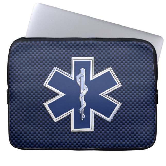 Star of Life Paramedic Emergency Blue Carbon Style Laptop Sleeve (Front)