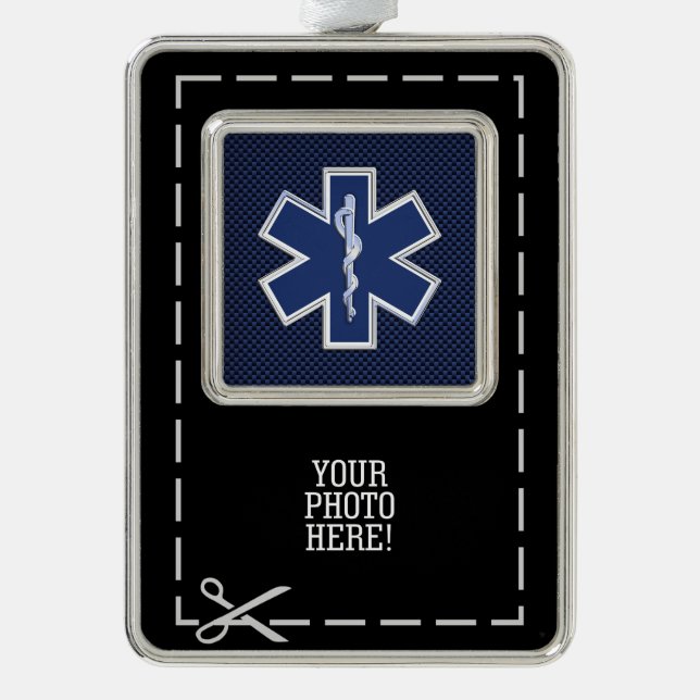 Star of Life Paramedic Emergency Blue Carbon Style Silver Plated Framed Ornament (Front)