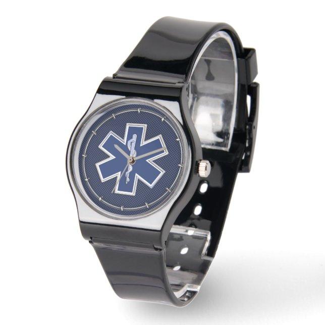 Star of Life Paramedic EMS on Blue Carbon Fibre Watch (Angle)