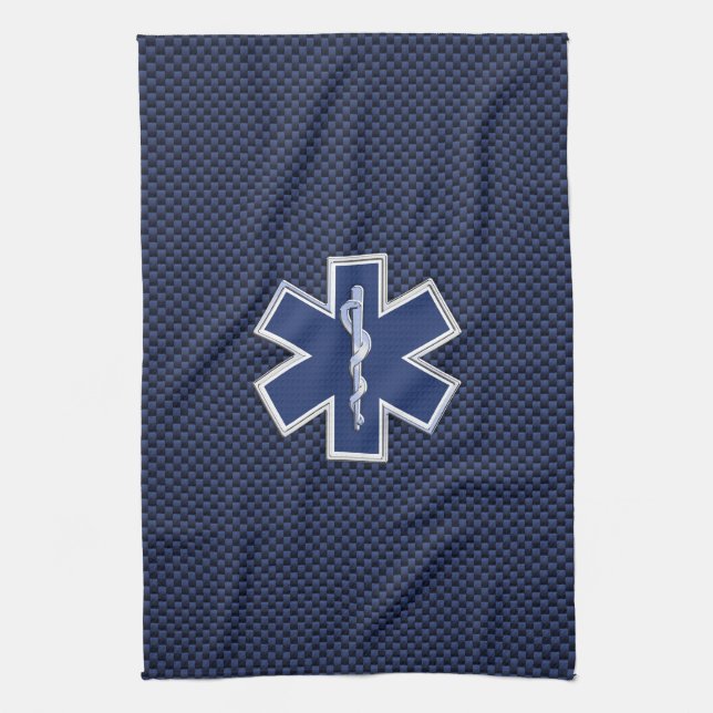Star of Life Paramedic on Navy Blue Carbon Fibre Tea Towel (Vertical)