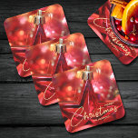 Star Ornament Christmas Square Paper Coaster<br><div class="desc">Custom coasters feature a beautiful red star Christmas tree ornament,  the words "Merry Christmas" and are personalised with your name or personalise with the name of holiday hostesses. MATCHING items in our collection.</div>