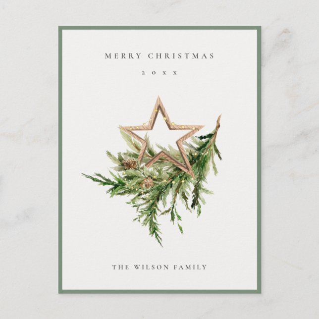 Star Ornament Pine Branch Fauna Merry Christmas Holiday Postcard (Front)