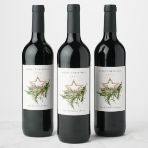 Star Ornament Pine Branch Fauna Merry Christmas Wi Wine Label