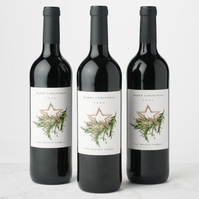 Star Ornament Pine Branch Fauna Merry Christmas Wi Wine Label (Bottles)
