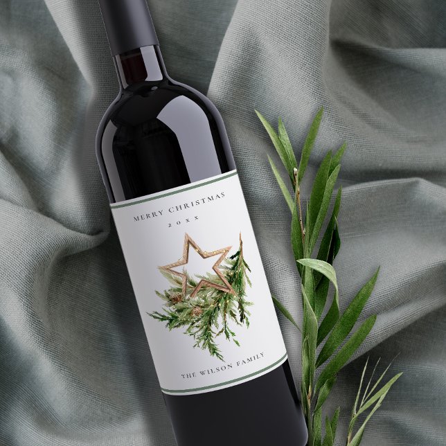 Star Ornament Pine Branch Fauna Merry Christmas Wine Label (Creator Uploaded)