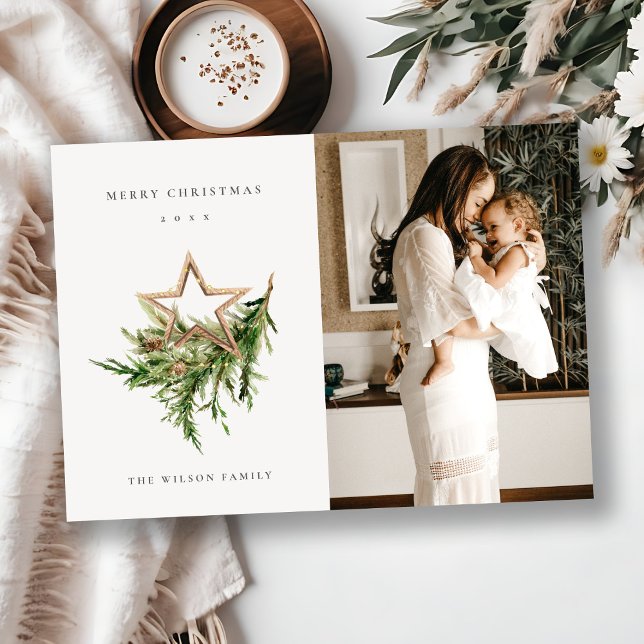 Star Ornament Pine Fauna Photo Merry Christmas Holiday Card (Creator Uploaded)