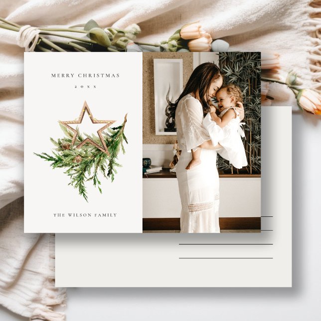 Star Ornament Pine Fauna Photo Merry Christmas Holiday Postcard (Creator Uploaded)