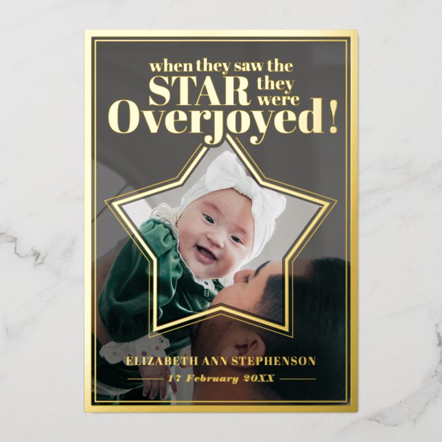 Star Overjoyed Baby Photo First Christmas  Foil Holiday Card (Front)