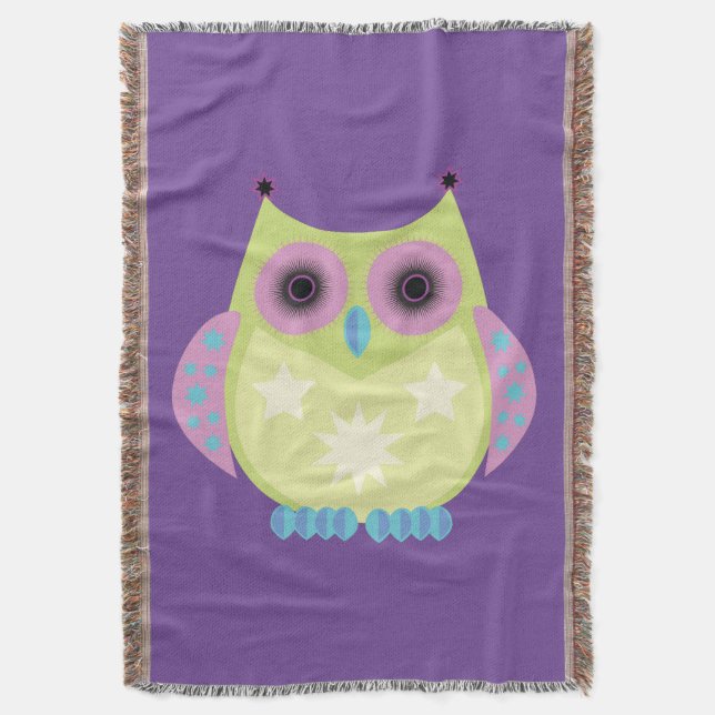 Star Owl - Green Purple Blue Throw Blanket (Front Vertical)