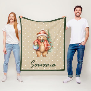 Star pattern christmas bear green beige name fleece blanket