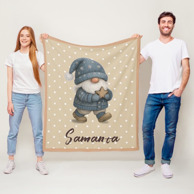 Star pattern gnome blue beige name fleece blanket (In Situ)