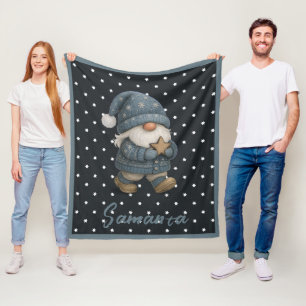 Star pattern gnome blue beige name fleece blanket