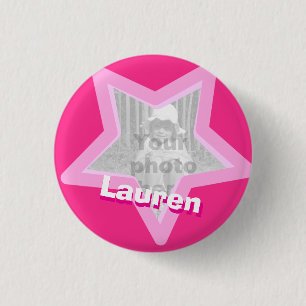 Star photo fun hot pink name button/badge 3 cm round badge