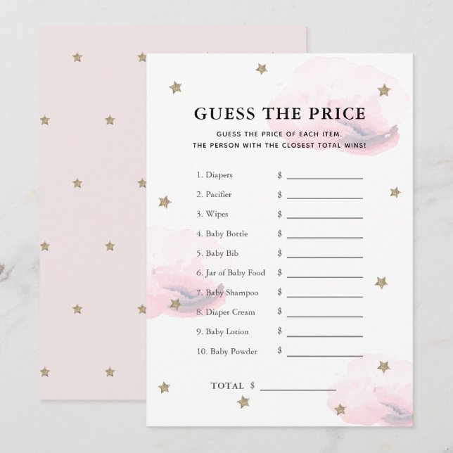 Star & Pink Cloud Guess the Price Baby Shower Game Invitation (Front/Back)