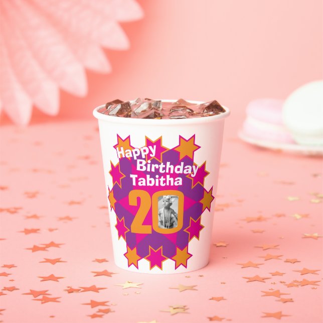 Star pink golden yellow 20th birthday two photos paper cups (Insitu)
