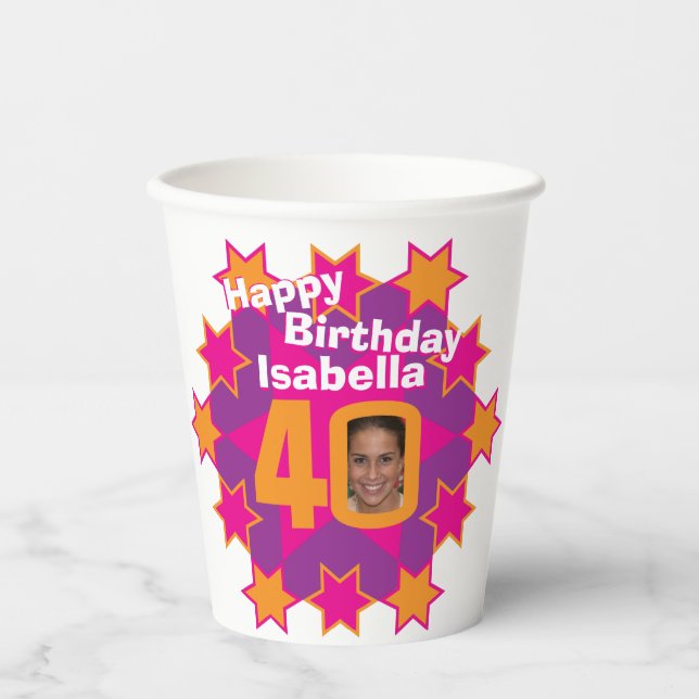 Star pink golden yellow 40th birthday two photos paper cups (Front)