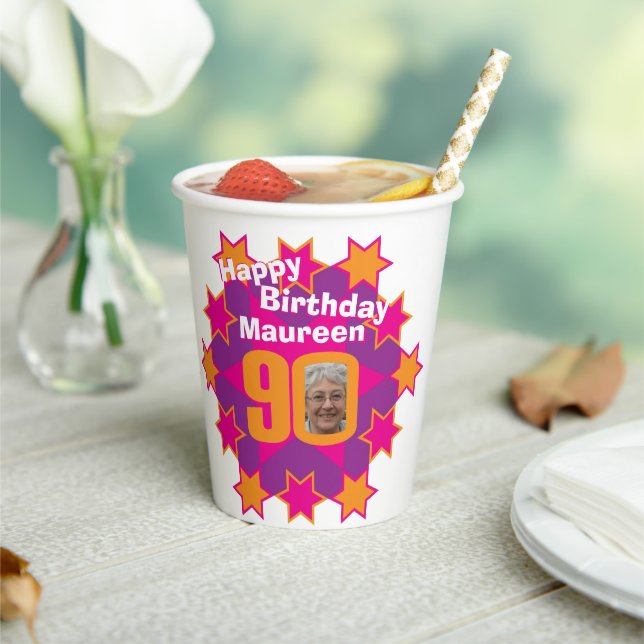 Star pink golden yellow 90th birthday two photos paper cups (Insitu)