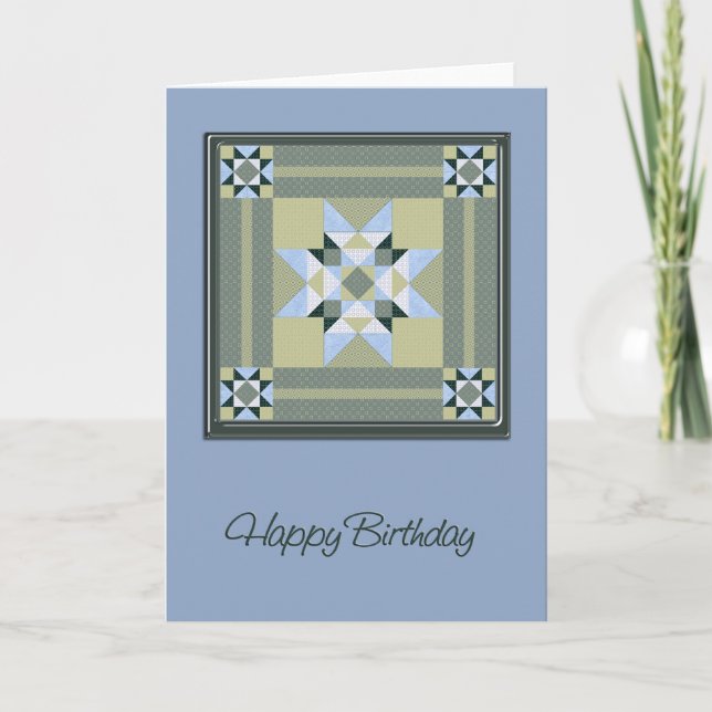 Star Quilt Square in Blue & Greens Birthday Card (Front)