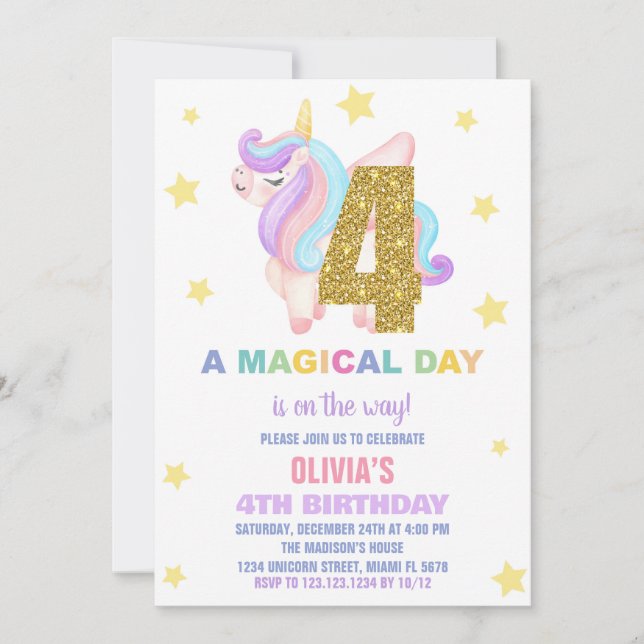 Star Rainbow Unicorn Birthday Invitations Fly (Front)