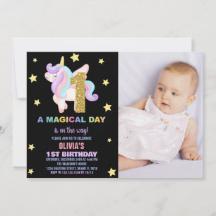 Star Rainbow Unicorn Birthday Invitations w photo