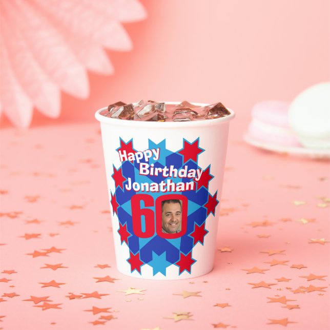 Star red blue 60th birthday two photos paper cups (Insitu)