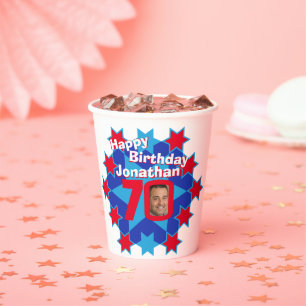 Star red blue 70th birthday two photos paper cups