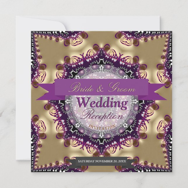 Star Royal Purple Gold Wedding Reception Invites (Front)
