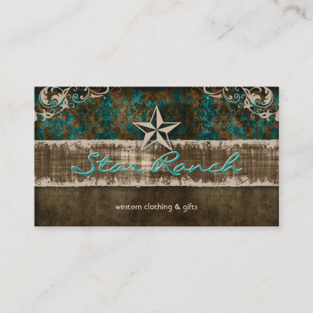 Star Shabby Suede Rustic Teal Brown H Business Card (Front)
