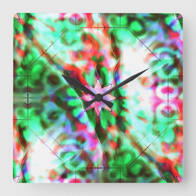 Star shadows on glass flowery spots, pink to green square wall clock (Front)