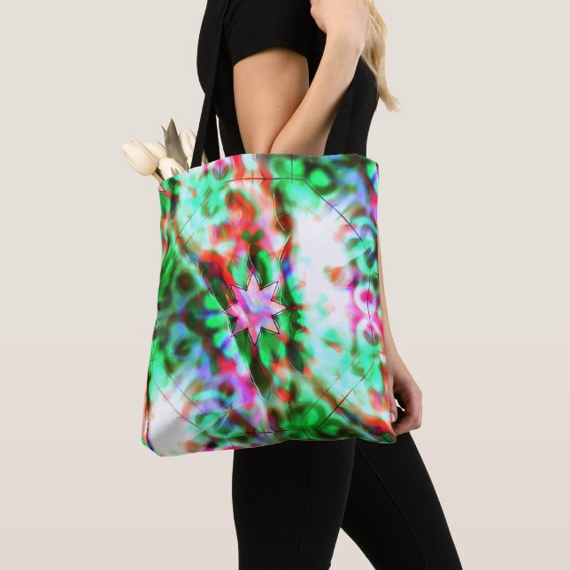 Star shadows on glass flowery spots, pink to green tote bag (Close Up)