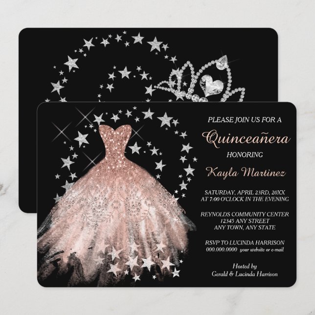 Star Shimmer Peach Quinceanera Invitation (Front/Back)