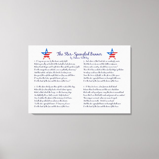 Star Spangled Banner Four Verses and Stars Canvas Print (Front)