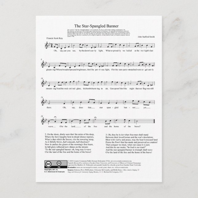 Star-Spangled Banner National Anthem Music Sheet Postcard (Front)