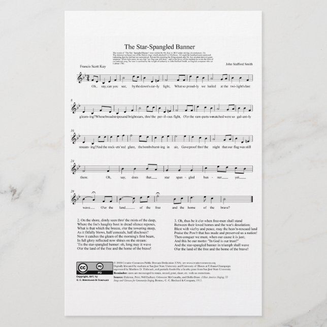 Star-Spangled Banner National Anthem Music Sheet Stationery (Front)
