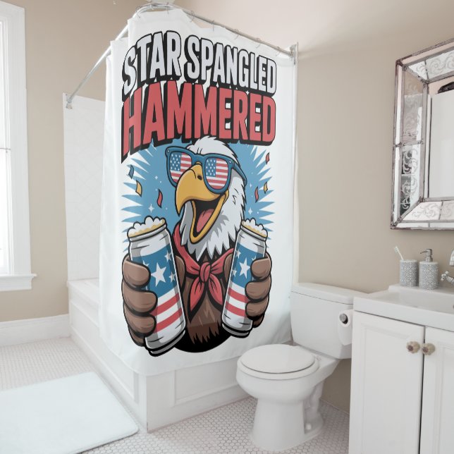 Star Spangled Hammered Funny USA Party Eagle Shower Curtain (In Situ)