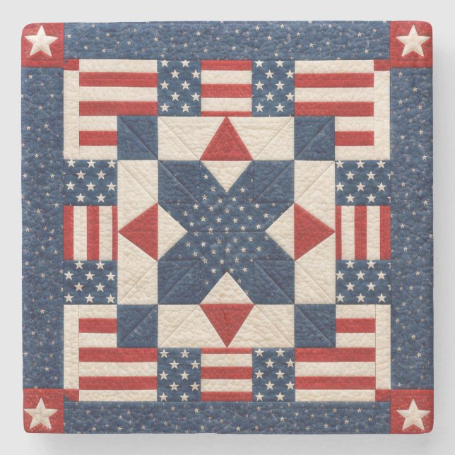 Star=Spangled Patriotic Quilt Pattern Stone Coaster (Front)