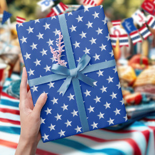 Star Spangled Silver Stars On Navy Blue Americana Wrapping Paper Sheet