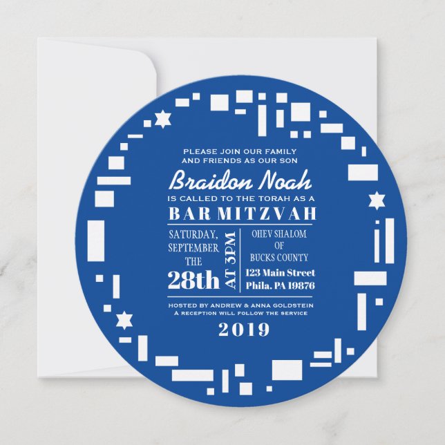 STAR & SQUARES Bar Bat Mitzvah Invitation in Blue (Front)