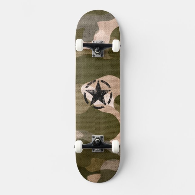 Star Stencil Vintage on Camouflage Skateboard (Front)