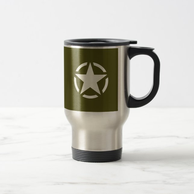 Star Stencil Vintage on Khaki Green Travel Mug (Right)