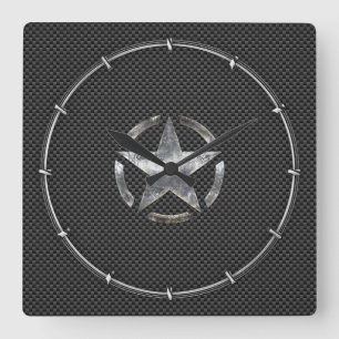 Star Stencil Vintage Tag Carbon Fibre Style Square Wall Clock